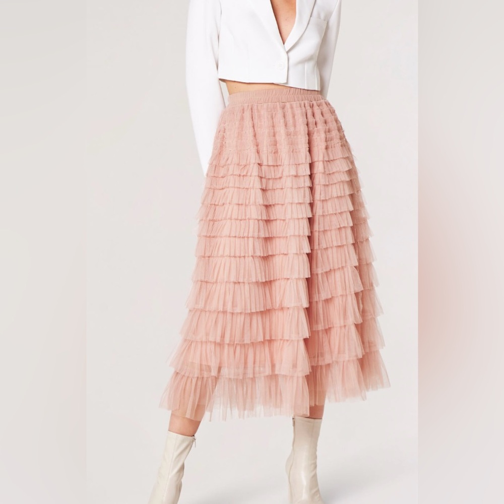 NWT APRCOT Stunning layered Tulle Midi Skirt sz Small Stone colour ruffles lined - Picture 10 of 16